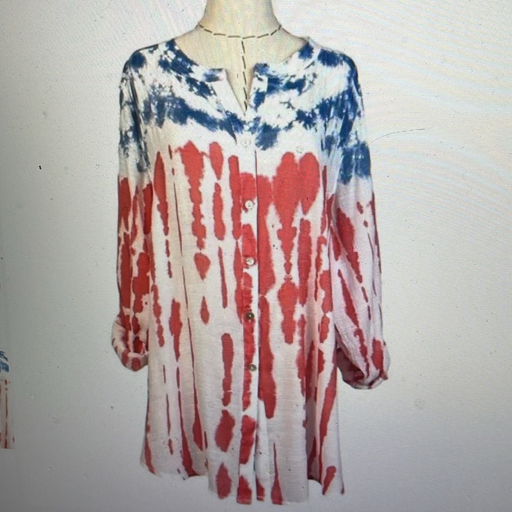 Multiples Long Sleeve Button Front Patriotic Tie Dye Blouse L